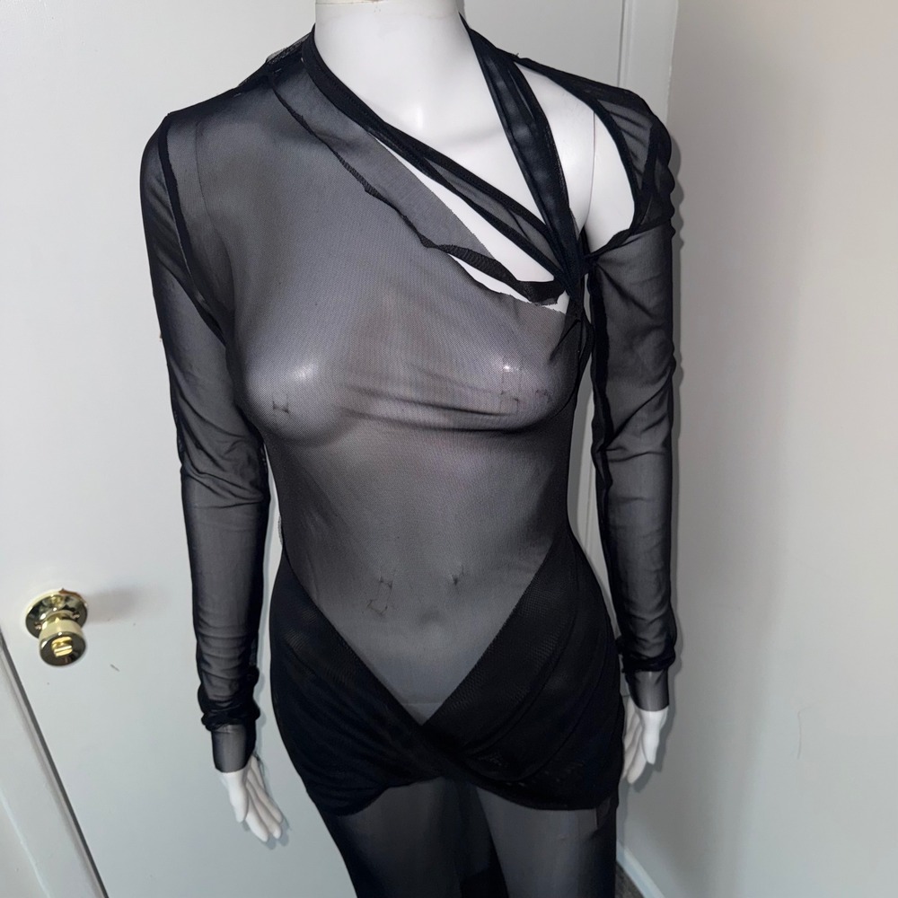 Micas Black Sheer Mesh Cutout Asymmetrical‎ Maxi Dress Avant Garde Edgy M - Picture 11 of 11